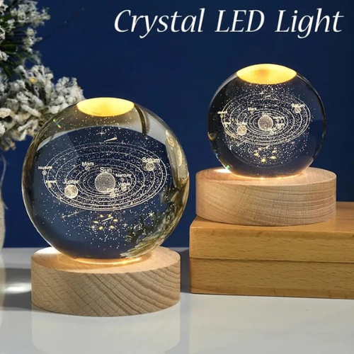 3D Crystal Solar System Warm Lamp with Wood Base