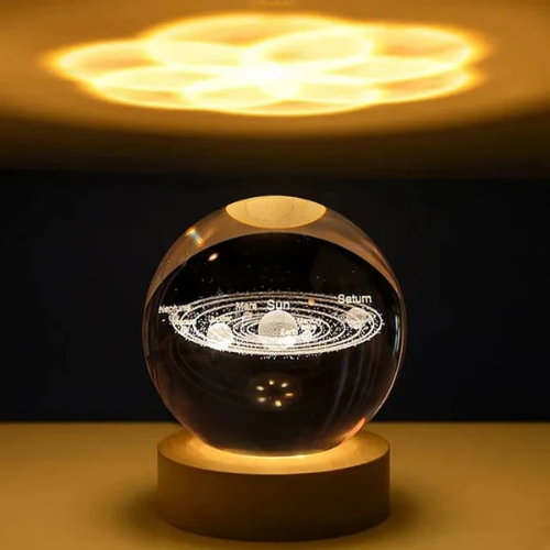 3D Crystal Solar System Warm Lamp with Wood Base
