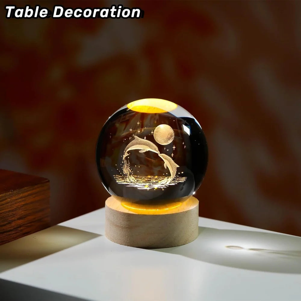 3D Crystal Dolphin Warm Lamp with Wood Base