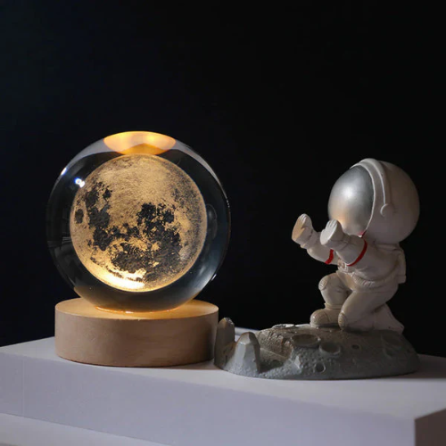 3D Crystal Moon Warm Lamp With Wood Base