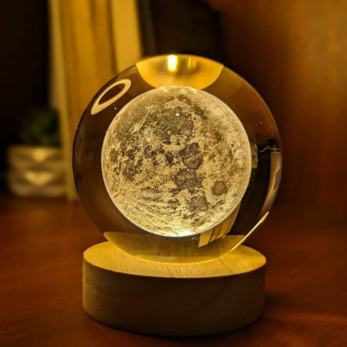3D Crystal Moon Warm Lamp With Wood Base