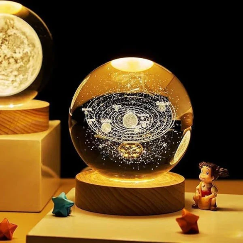 3D Crystal Solar System Warm Lamp with Wood Base