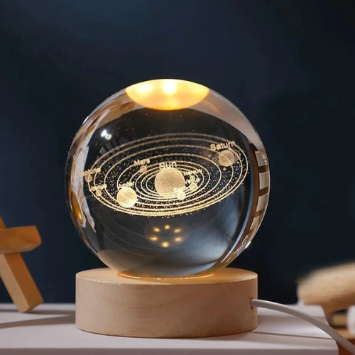 3D Crystal Solar System Warm Lamp with Wood Base