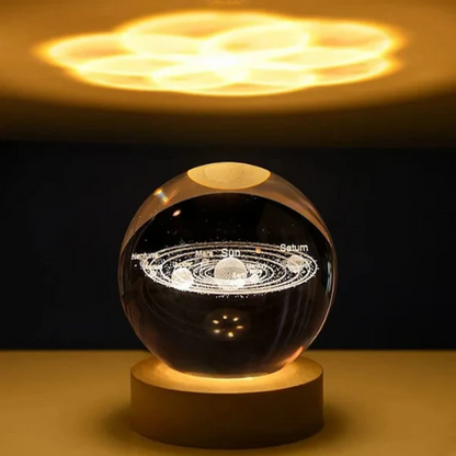 3D Crystal Solar System Warm Lamp with Wood Base