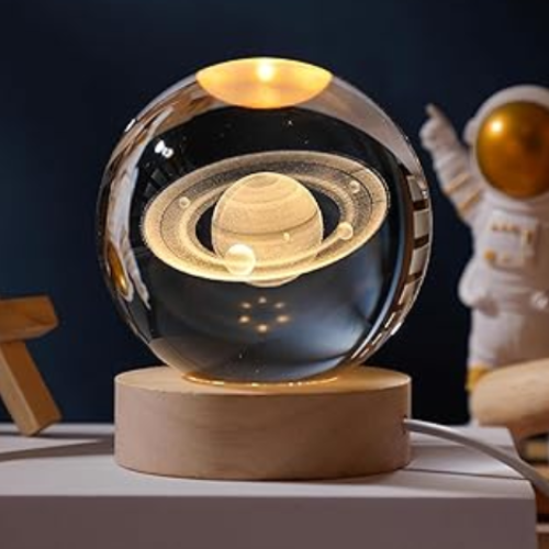 3D Crystal Saturn Warm Led with Wood Base