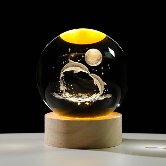 3D Crystal Dolphin Warm Lamp with Wood Base