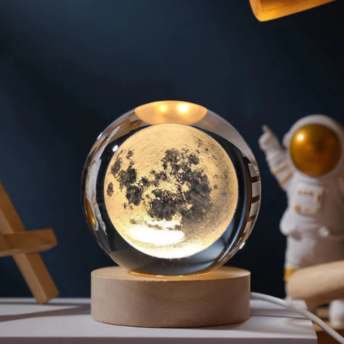 3D Crystal Moon Warm Lamp With Wood Base